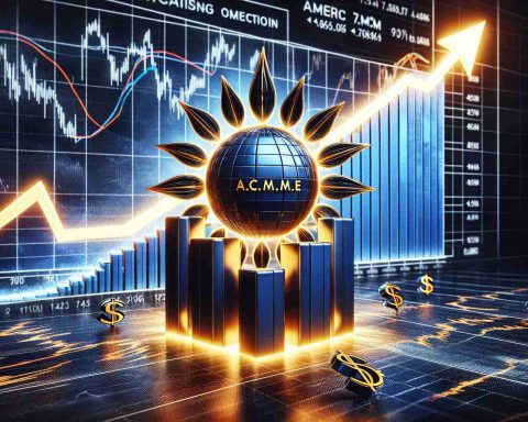 Highly detailed, realistic image of a fictional solar energy company surpassing expectations in the stock market. The scene is a representation of the company's upward trajectory in the stock market with graphs in the background showing their shares going up. The company's logo, a stylized sun with the initials A.C.M.E, is boldly emblazoned in the foreground. The entire scene is akin to a giant power play in the financial markets emphasizing the growth of renewable energy industries.