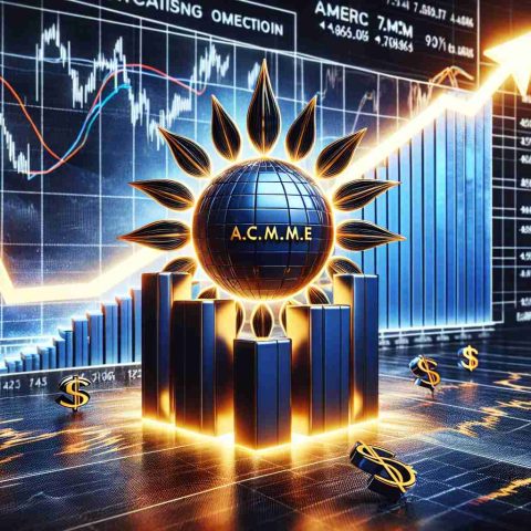 Highly detailed, realistic image of a fictional solar energy company surpassing expectations in the stock market. The scene is a representation of the company's upward trajectory in the stock market with graphs in the background showing their shares going up. The company's logo, a stylized sun with the initials A.C.M.E, is boldly emblazoned in the foreground. The entire scene is akin to a giant power play in the financial markets emphasizing the growth of renewable energy industries.