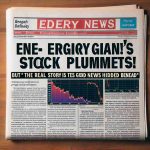 Generate a high-definition, realistic image of a newspaper headline that reads 'Energy Giant’s Stock Plummets!' Above the headline is a graph showing a steep drop in stock prices. However, beneath the headline is a smaller subheading that reads 'But the Real Story is Good News Hidden Beneath', suggesting a positive development hidden amidst the dire news.