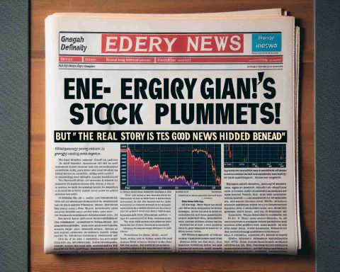 Generate a high-definition, realistic image of a newspaper headline that reads 'Energy Giant’s Stock Plummets!' Above the headline is a graph showing a steep drop in stock prices. However, beneath the headline is a smaller subheading that reads 'But the Real Story is Good News Hidden Beneath', suggesting a positive development hidden amidst the dire news.