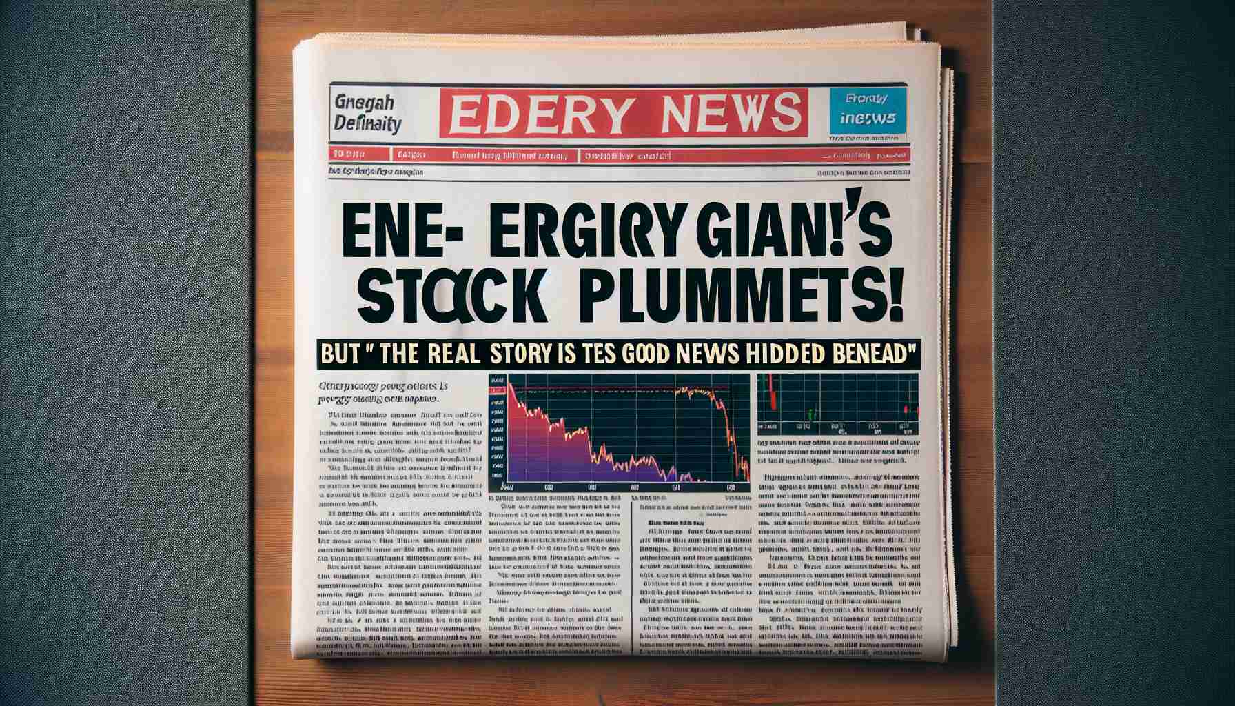 Generate a high-definition, realistic image of a newspaper headline that reads 'Energy Giant’s Stock Plummets!' Above the headline is a graph showing a steep drop in stock prices. However, beneath the headline is a smaller subheading that reads 'But the Real Story is Good News Hidden Beneath', suggesting a positive development hidden amidst the dire news.