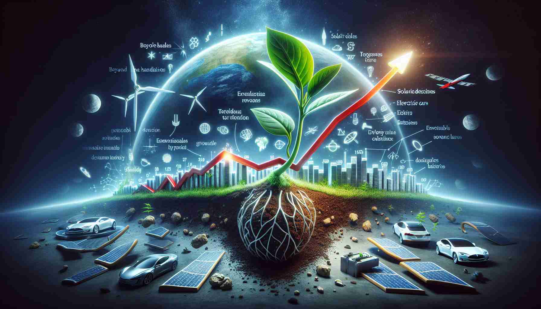 An imaginary HD photograph depicting the metaphorical transformation of Tesla's company. Picture a 3D chart growing out of a seed to represent Tesla's success, reflecting its upward trajectory. The seed is planted in a soil which is made up of significant events and strategic decisions which contributed to Tesla's prosperity. The leaves of the chart are solar panels, a nod to Tesla's movement towards renewable energy. Essential elements of Tesla's business model and innovative technology, such as electric cars and batteries, are also scattered in the image. An overlaid headline reads, 'Beyond the Headlines: What lies beneath Tesla's Success?'