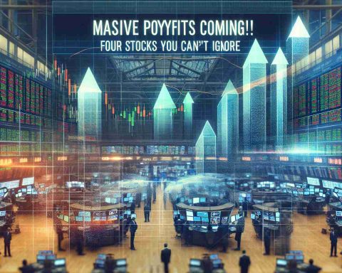 A high-resolution, realistic photo montage visualization of a financial news headline stating 'Massive Payouts Coming! Four Stocks You Can't Ignore This Week'. Include four upward trending stock market charts, each depicting a distinct stock, against a background of a bustling stock exchange floor. Keep the colors business-like, primarily blues, greens, and greys. Overlay the title prominently at the top in bold, gold lettering.