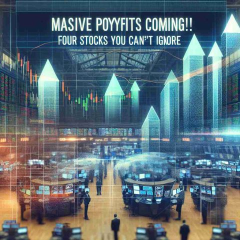 A high-resolution, realistic photo montage visualization of a financial news headline stating 'Massive Payouts Coming! Four Stocks You Can't Ignore This Week'. Include four upward trending stock market charts, each depicting a distinct stock, against a background of a bustling stock exchange floor. Keep the colors business-like, primarily blues, greens, and greys. Overlay the title prominently at the top in bold, gold lettering.