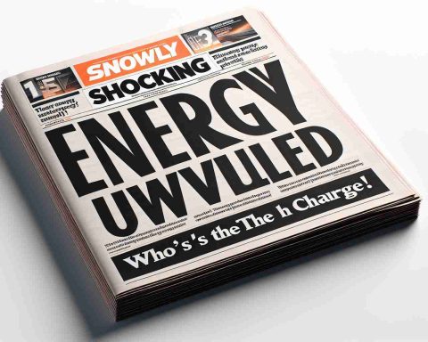 Realistic high-definition image of a newspaper front page with the headline 'Shocking Energy Plan Unveiled!' and the subheading 'Who's Leading the Charge?' The page looks freshly printed with sharp, distinct letters and a theme suggesting energy or revolution.