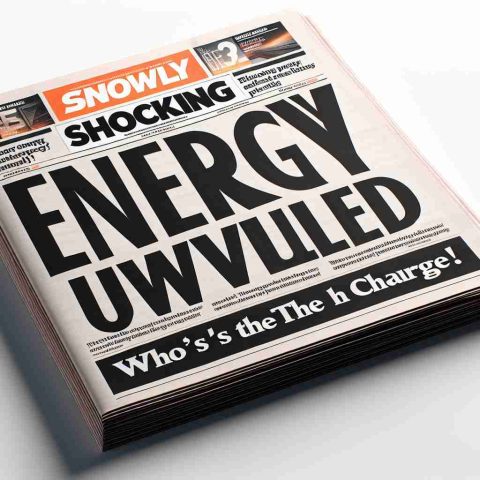 Realistic high-definition image of a newspaper front page with the headline 'Shocking Energy Plan Unveiled!' and the subheading 'Who's Leading the Charge?' The page looks freshly printed with sharp, distinct letters and a theme suggesting energy or revolution.