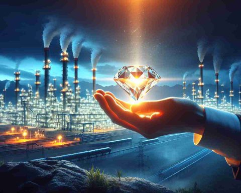 Create an ultra high-resolution image that conceptualizes the idea of 'discovering a hidden gem'. This should convey the concept of finding a better investment opportunity than a massive energy company. For this, envision a person holding a brightly shining gem that symbolically represents the superior yield or return. This gem should visibly outshine a massive, dimly lit oil refinery in the background, signifying the 'Energy Behemoth'. The setting is a financial landscape where the gem creates a radiant beacon of light, attracting attention away from the behemoth and exemplifying the potential for superior yield.