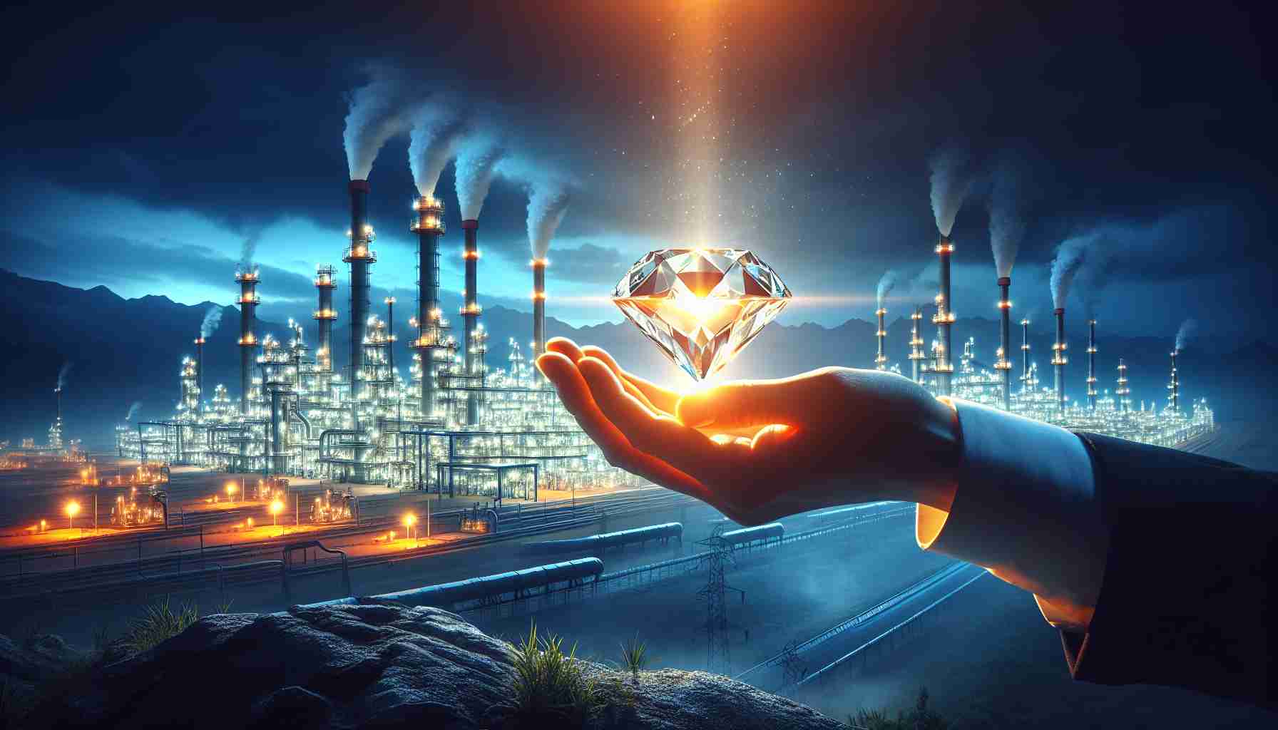 Create an ultra high-resolution image that conceptualizes the idea of 'discovering a hidden gem'. This should convey the concept of finding a better investment opportunity than a massive energy company. For this, envision a person holding a brightly shining gem that symbolically represents the superior yield or return. This gem should visibly outshine a massive, dimly lit oil refinery in the background, signifying the 'Energy Behemoth'. The setting is a financial landscape where the gem creates a radiant beacon of light, attracting attention away from the behemoth and exemplifying the potential for superior yield.