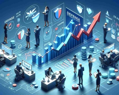 Generate a high definition realistic image that conveys the concept of significant increases in defense. The core idea should revolve around investors who can't ignore this growth. The image could include elements such as defense-related items or symbols, upward trending arrows, investors studying charts, etc. All people in the image should be equally diverse in terms of gender and descent.