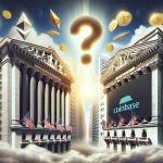 A highly detailed and realistic image depicting two imposing buildings representing Coinbase and Nasdaq. The Coinbase building is modern in style, suggesting innovation and futuristic ideal, while the Nasdaq building is traditional, evoking stability and confidence. Flying between them is a symbolic olive branch, hinting at a transformative partnership. Above, a question mark made from gold coins and cryptocurrency symbols like Bitcoin, Ethereum, and Litecoin floats in a cloudy sky, representing the unpredictable future of cryptocurrency markets.