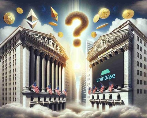 A highly detailed and realistic image depicting two imposing buildings representing Coinbase and Nasdaq. The Coinbase building is modern in style, suggesting innovation and futuristic ideal, while the Nasdaq building is traditional, evoking stability and confidence. Flying between them is a symbolic olive branch, hinting at a transformative partnership. Above, a question mark made from gold coins and cryptocurrency symbols like Bitcoin, Ethereum, and Litecoin floats in a cloudy sky, representing the unpredictable future of cryptocurrency markets.