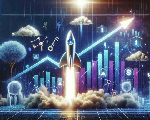 An illustrative interpretation of soaring shares in a fictional AI-based technology company, depicted as a rocket taking off, with a digital backdrop showing a chart with an upward trend line. The scene is made more vivid with various symbols representing new opportunities such as opened doors, keys, and bright sunlight shining through clouds. Let the style be very detailed and realistic, in high-definition aesthetic.