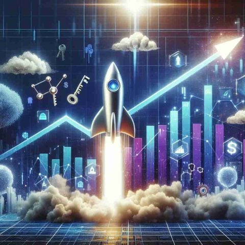 An illustrative interpretation of soaring shares in a fictional AI-based technology company, depicted as a rocket taking off, with a digital backdrop showing a chart with an upward trend line. The scene is made more vivid with various symbols representing new opportunities such as opened doors, keys, and bright sunlight shining through clouds. Let the style be very detailed and realistic, in high-definition aesthetic.