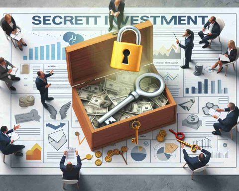 Create a realistic HD photo depicting the concept of unveiling the 'Secret Investment.' This could include visual metaphors such as keys, lock, important documents or contracts, and excited individuals discussing this potential opportunity.