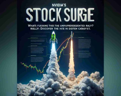 A high definition, realistic image depicting the symbolic representation of a stock surge. The image takes shape as a rocket soaring upwards in the open sky, representing the unprecedented rally. Attached to the rocket is a concept illustration denoting an unseen catalyst, symbolizing the undisclosed factor driving the rally. The words 'NVIDIA's Stock Surge: What's Fueling the Unprecedented Rally? Discover the Hidden Catalyst.' are presented as text overlaying the image.