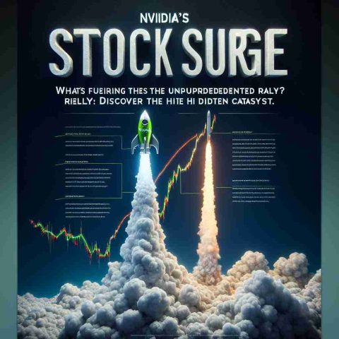 A high definition, realistic image depicting the symbolic representation of a stock surge. The image takes shape as a rocket soaring upwards in the open sky, representing the unprecedented rally. Attached to the rocket is a concept illustration denoting an unseen catalyst, symbolizing the undisclosed factor driving the rally. The words 'NVIDIA's Stock Surge: What's Fueling the Unprecedented Rally? Discover the Hidden Catalyst.' are presented as text overlaying the image.