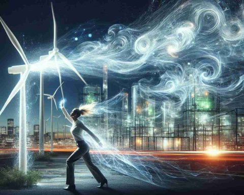 Generate a high-definition, realistic image of a conceptual representation of the 'New Energy Shift'. Show an individual bracing themselves against a powerful gust of wind. The wind is not just air, but a glowing, ethereal substance that signifies transformation and innovation in energy usage. The scene takes place in a technologically advanced cityscape at dusk, where sustainable energies like wind turbines, solar panels, and green buildings are visible in the backdrop. The individual in the image could be a Caucasian architect woman, adding a touch of human element and connection to the scene.