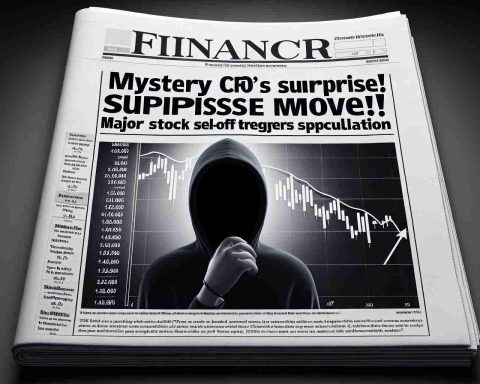 Render a realistic high-definition image of a financial newspaper headline. The headline reads 'Mystery CFO's Surprise Move! Major Stock Sell-Off Triggers Speculation'. Accompany this with an image of a graph showing a dramatic drop in stock prices and a silhouette of an incognito figure representing the mysterious chief financial officer.