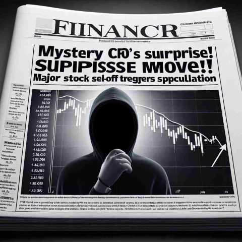 Render a realistic high-definition image of a financial newspaper headline. The headline reads 'Mystery CFO's Surprise Move! Major Stock Sell-Off Triggers Speculation'. Accompany this with an image of a graph showing a dramatic drop in stock prices and a silhouette of an incognito figure representing the mysterious chief financial officer.