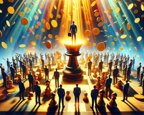 A realistic high definition illustration that visualizes the concept of an unexpected windfall surprising shareholders. It could manifest as a flurry of bright, golden coins raining down on a group of astonished individuals, symbolizing shareholders, in a corporate setting. Additionally, create a secondary scene in the image symbolizing Vermilion's bold move. This could be represented as a chess piece making a decisive move on a chessboard, surrounded by a halo of bold, vibrant colors.