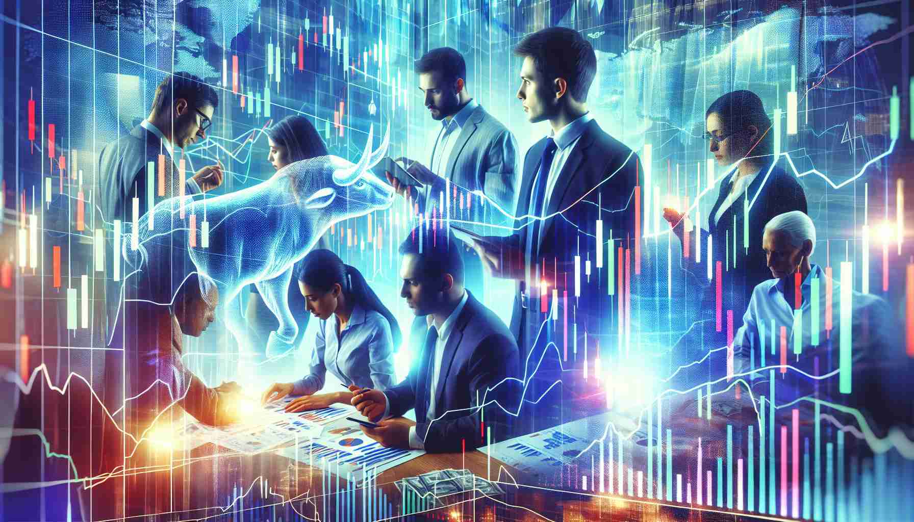 A vivid and crystal-clear image showcasing the anticipation and excitement among a group of investors analyzing financial charts and data relating to penny stocks. This vibrant scene should capture diverse individuals of varying descents such as Caucasian, Hispanic, Black, Middle-Eastern, and South Asian, with both male and female individuals present. The focus should be on the high possibility of profitability offered by penny stocks. Illustrate this concept with graphs showing upward trends, sheets of stock information, and the ‘Bull Market’ symbol reflecting a hopeful and optimistic investment environment.