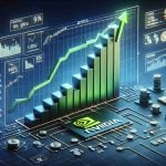 Realistic high-definition image depicting the concept of a stock market surge, represented visually by an ascending graph. The graph has the word 'NVIDIA' at the bottom to signify the company's stocks. Include elements commonly found in financial landscapes such as charts, percentage symbols, currency signs and ascending arrows, highlighting the context of investment and financial growth.