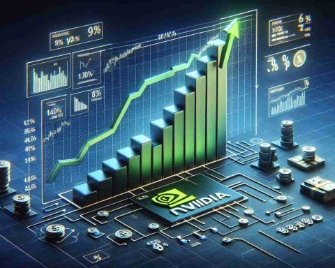 Realistic high-definition image depicting the concept of a stock market surge, represented visually by an ascending graph. The graph has the word 'NVIDIA' at the bottom to signify the company's stocks. Include elements commonly found in financial landscapes such as charts, percentage symbols, currency signs and ascending arrows, highlighting the context of investment and financial growth.