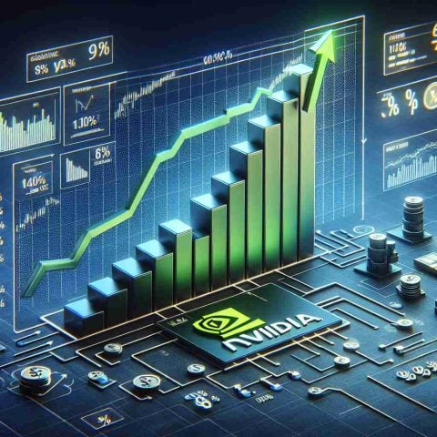 Realistic high-definition image depicting the concept of a stock market surge, represented visually by an ascending graph. The graph has the word 'NVIDIA' at the bottom to signify the company's stocks. Include elements commonly found in financial landscapes such as charts, percentage symbols, currency signs and ascending arrows, highlighting the context of investment and financial growth.