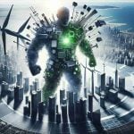 Realistically detailed HD image depicting the concept of a gigantic, unseen force in the renewable power sector - symbolized by a large, abstract figure made of green energy components like solar panels and wind turbines. Show this figure looming over emerging markets, represented as bustling, modern cities with skyscrapers, indicating its significant impact. Incorporate elements such as graphs and pie charts to represent the analytics and statistics of the renewable energy market.