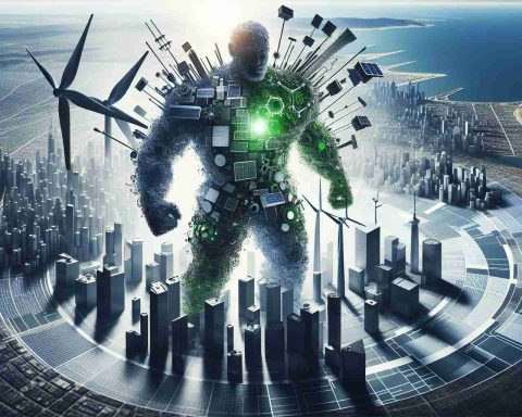 Realistically detailed HD image depicting the concept of a gigantic, unseen force in the renewable power sector - symbolized by a large, abstract figure made of green energy components like solar panels and wind turbines. Show this figure looming over emerging markets, represented as bustling, modern cities with skyscrapers, indicating its significant impact. Incorporate elements such as graphs and pie charts to represent the analytics and statistics of the renewable energy market.