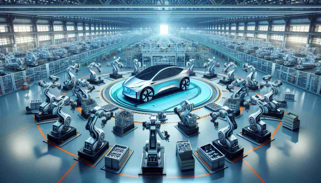 A realistic, high-definition depiction of a ground-breaking event in electric vehicle manufacturing. Depict a large futuristic factory with numerous advanced robots assembling an electric vehicle. Incorporate an atmosphere of innovation and progress with cutting-edge technologies and efficient processes.