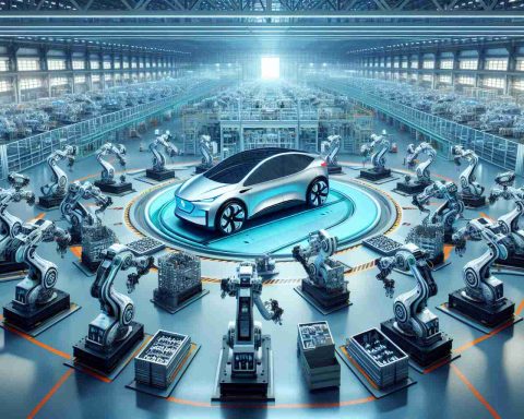 A realistic, high-definition depiction of a ground-breaking event in electric vehicle manufacturing. Depict a large futuristic factory with numerous advanced robots assembling an electric vehicle. Incorporate an atmosphere of innovation and progress with cutting-edge technologies and efficient processes.