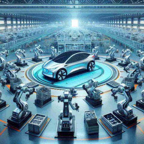 A realistic, high-definition depiction of a ground-breaking event in electric vehicle manufacturing. Depict a large futuristic factory with numerous advanced robots assembling an electric vehicle. Incorporate an atmosphere of innovation and progress with cutting-edge technologies and efficient processes.