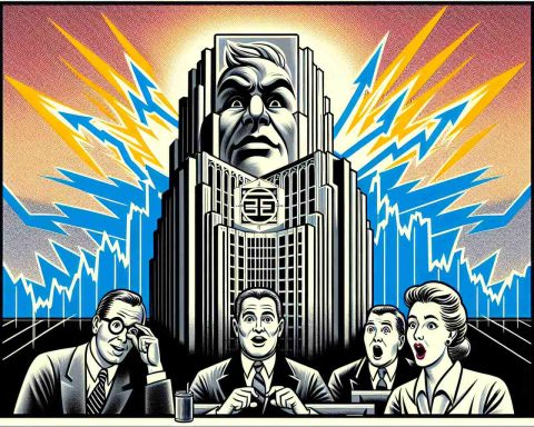 Detailed illustration of a symbolic representation for the headline 'Energy Giant Makes Bold Moves. Stock Surge Shocks Analysts'. Depict a large, intimidating building with a logo suggestive of a powerful energy company. Take inspiration from classic twentieth-century corporate designs. Have a bullish stock market chart showing a sharp increase in the background, along with a group of surprised analysts - a Caucasian man, a Hispanic woman, and a Middle-Eastern man - staring at the chart in shock. To highlight realism, use vivid colours, sharp lines, and detailed shadowing.