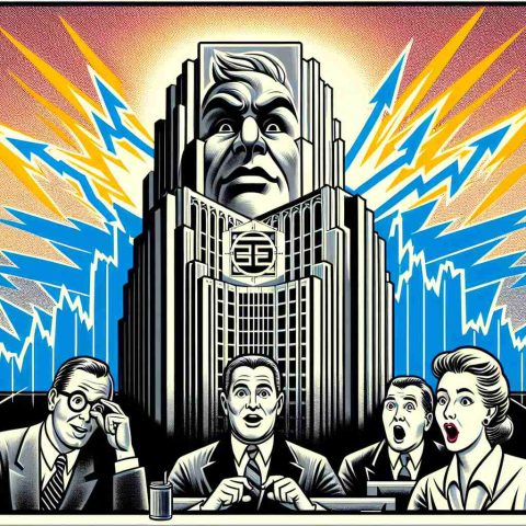 Detailed illustration of a symbolic representation for the headline 'Energy Giant Makes Bold Moves. Stock Surge Shocks Analysts'. Depict a large, intimidating building with a logo suggestive of a powerful energy company. Take inspiration from classic twentieth-century corporate designs. Have a bullish stock market chart showing a sharp increase in the background, along with a group of surprised analysts - a Caucasian man, a Hispanic woman, and a Middle-Eastern man - staring at the chart in shock. To highlight realism, use vivid colours, sharp lines, and detailed shadowing.