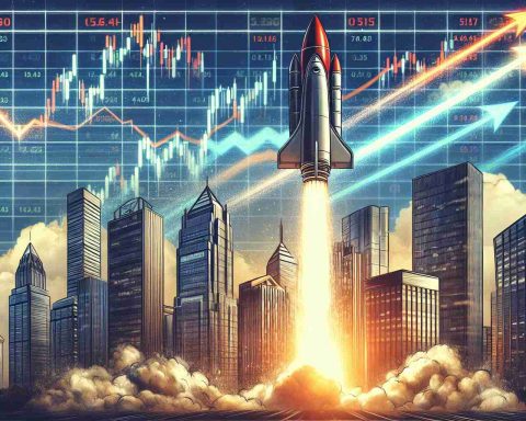 Illustrate a conceptual image representing a bold move by technology companies, causing a massive jump in their stock prices. Paint the scene with corporate skyscrapers touching the sky, metaphorical rockets lifting off from the rooftop signifying skyrocketing stocks, with a digital scoreboard displaying increasing stock numbers in the background. The picture should scream optimism, and capture the dynamic nature of the tech world.