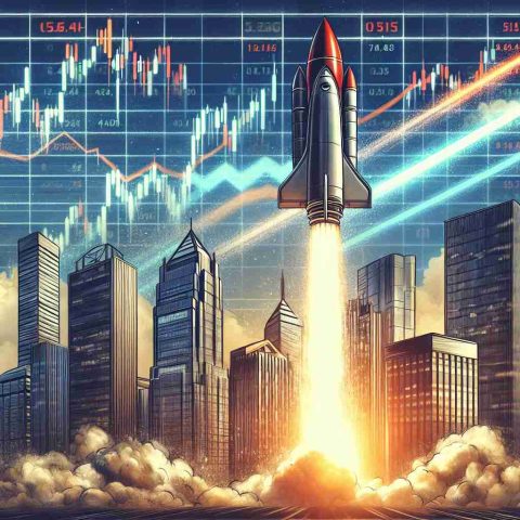 Illustrate a conceptual image representing a bold move by technology companies, causing a massive jump in their stock prices. Paint the scene with corporate skyscrapers touching the sky, metaphorical rockets lifting off from the rooftop signifying skyrocketing stocks, with a digital scoreboard displaying increasing stock numbers in the background. The picture should scream optimism, and capture the dynamic nature of the tech world.