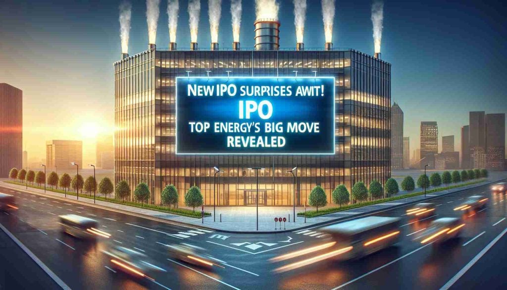 Generate a high-definition, realistic image illustrating the concept of 'New IPO Surprises Await! Top Energy Firm’s Big Move Revealed'. The scene should include a large, impressive corporate building that belongs to a leading energy company, with a large billboard nearby announcing an upcoming initial public offering (IPO). The environment should be bursting with anticipation and excitement, representing the 'big move' being revealed.