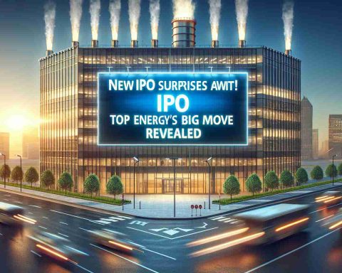 Generate a high-definition, realistic image illustrating the concept of 'New IPO Surprises Await! Top Energy Firm’s Big Move Revealed'. The scene should include a large, impressive corporate building that belongs to a leading energy company, with a large billboard nearby announcing an upcoming initial public offering (IPO). The environment should be bursting with anticipation and excitement, representing the 'big move' being revealed.