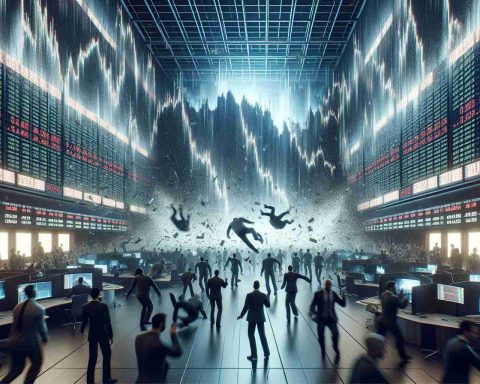 A hyper-realistic, high definition image capturing the turbulent atmosphere of financial instability. The scene might depict a stock market trading floor amid a significant market crash with people in a state of panic and chaos, large screens displaying rapidly falling stock prices in the background. The image should convey the emotions and anxiety of a massive financial disruption.