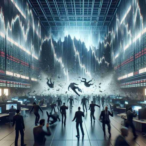 A hyper-realistic, high definition image capturing the turbulent atmosphere of financial instability. The scene might depict a stock market trading floor amid a significant market crash with people in a state of panic and chaos, large screens displaying rapidly falling stock prices in the background. The image should convey the emotions and anxiety of a massive financial disruption.