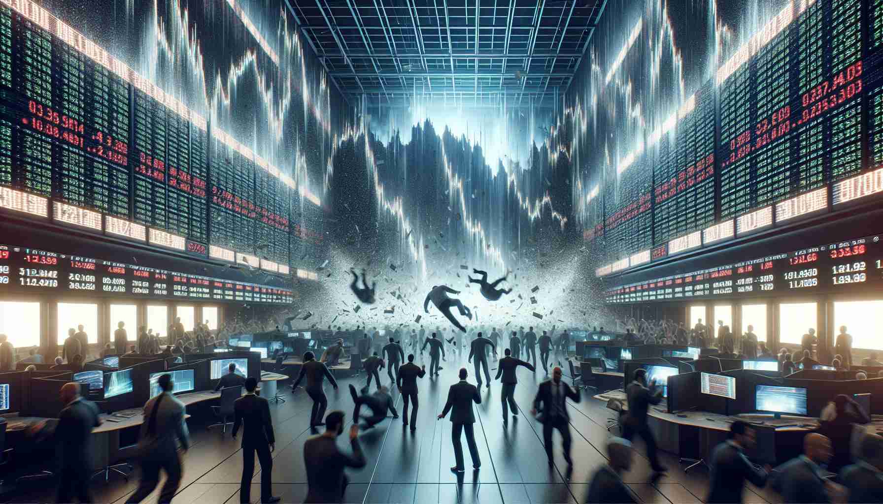 A hyper-realistic, high definition image capturing the turbulent atmosphere of financial instability. The scene might depict a stock market trading floor amid a significant market crash with people in a state of panic and chaos, large screens displaying rapidly falling stock prices in the background. The image should convey the emotions and anxiety of a massive financial disruption.