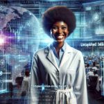 Conceptual image showing the idea of a 'Quantum Leap' in technology. A grinning woman, African descent, smartly dressed in a lab coat, standing in a futuristic lab full of holographic images and screens displaying complex algorithms and data sets. On one of the screens, 'Untapped Billion-Dollar Market' is written, suggesting a significant progress or breakthrough in the field of technology. Underscore the realism and high definition detail in the generated image.