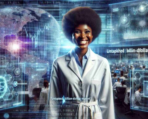 Conceptual image showing the idea of a 'Quantum Leap' in technology. A grinning woman, African descent, smartly dressed in a lab coat, standing in a futuristic lab full of holographic images and screens displaying complex algorithms and data sets. On one of the screens, 'Untapped Billion-Dollar Market' is written, suggesting a significant progress or breakthrough in the field of technology. Underscore the realism and high definition detail in the generated image.