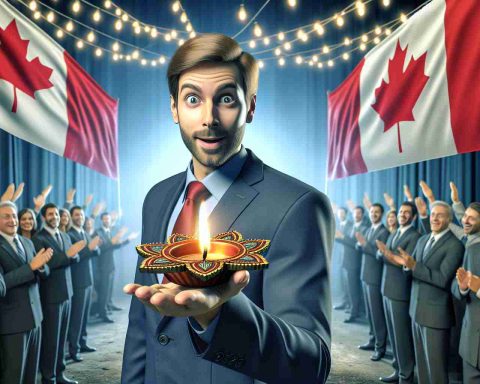 A realistic high-definition image of a generic male Canadian politician surprising the audience with a Diwali gesture amid hypothetical rising tensions between India and Canada. The image should depict an atmosphere of curiosity, reflecting the uncertainty about the real situation behind the gesture. It should ideally capture mixed emotions as its core theme.