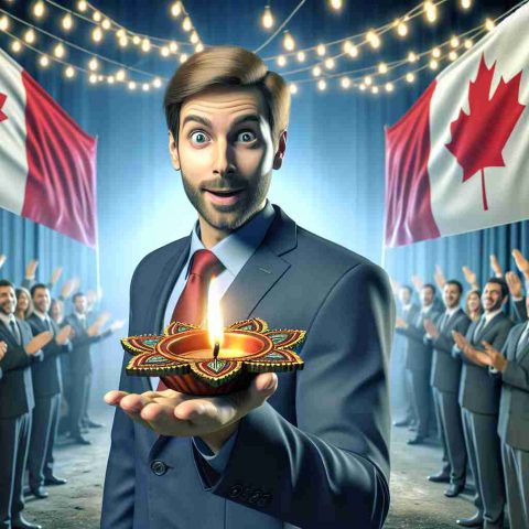 A realistic high-definition image of a generic male Canadian politician surprising the audience with a Diwali gesture amid hypothetical rising tensions between India and Canada. The image should depict an atmosphere of curiosity, reflecting the uncertainty about the real situation behind the gesture. It should ideally capture mixed emotions as its core theme.