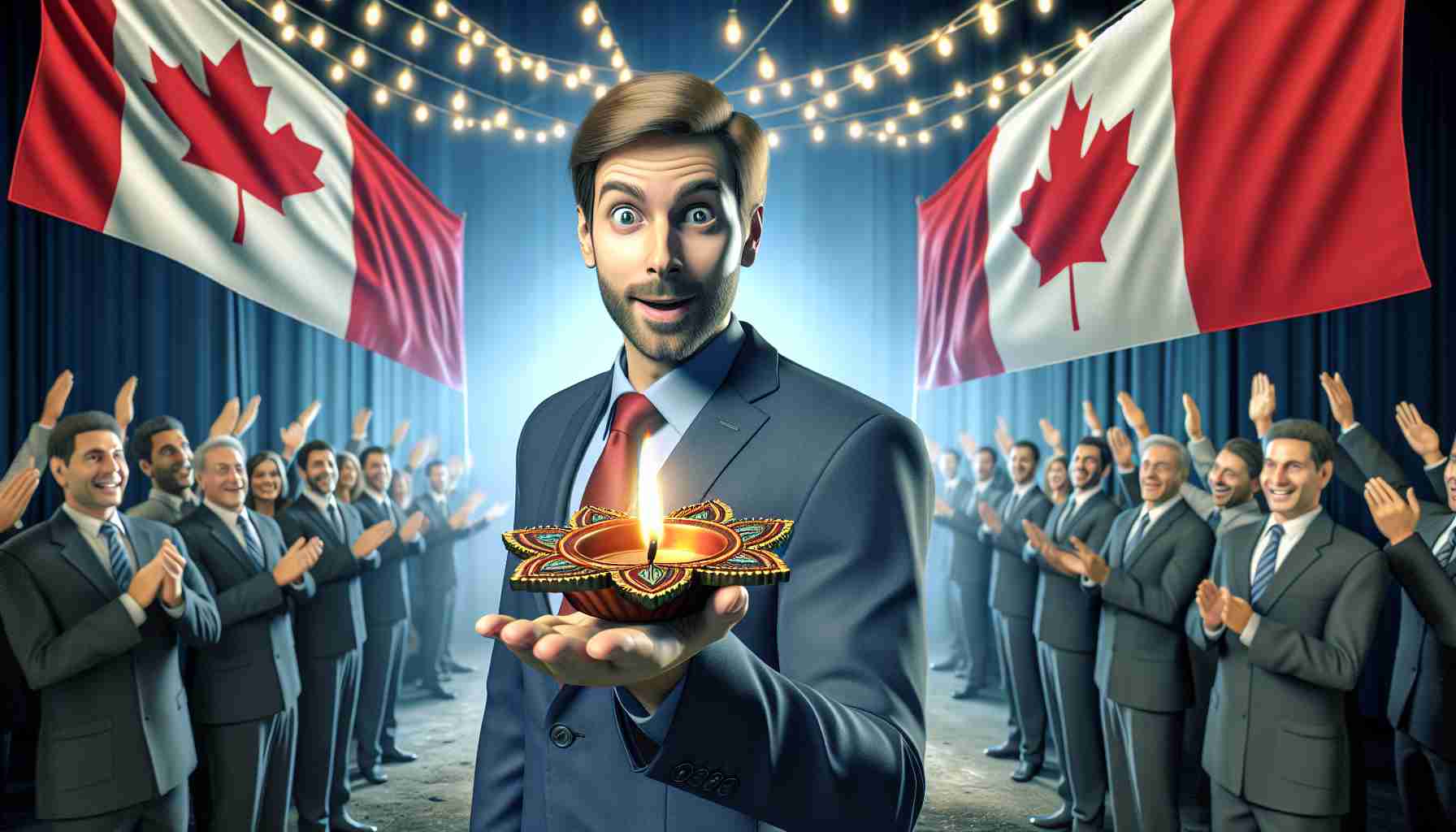 A realistic high-definition image of a generic male Canadian politician surprising the audience with a Diwali gesture amid hypothetical rising tensions between India and Canada. The image should depict an atmosphere of curiosity, reflecting the uncertainty about the real situation behind the gesture. It should ideally capture mixed emotions as its core theme.