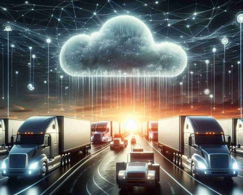 Create a high-definition, realistic image representing the revolution in trucking due to the advent of data-driven technologies. Convey an anticipatory atmosphere, where progress is not just imminent but actively unfolding. The scene should contain a fleet of modern, high-tech trucks with advanced GPS and monitoring systems. Digital clouds showing streams of data can be visible in the sky, symbolic of the integral role of data in this technological uprising. Also add a sunrise on the horizon, illustrating the feeling of a new dawn in the trucking industry, with a future full of possibilities.