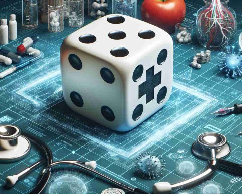 A highly detailed, realistic image illustrating a bold bet in the healthcare tech sector. The image can include symbolic elements to represent risk, commitment and innovation, such as a large dice being rolled onto a field of technology gadgets, medical instruments and diagrams of futuristic health tech concepts.