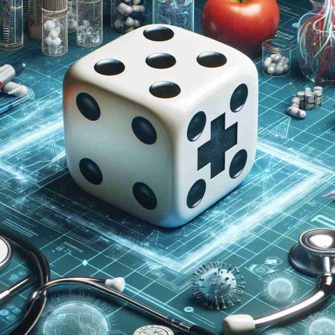 A highly detailed, realistic image illustrating a bold bet in the healthcare tech sector. The image can include symbolic elements to represent risk, commitment and innovation, such as a large dice being rolled onto a field of technology gadgets, medical instruments and diagrams of futuristic health tech concepts.